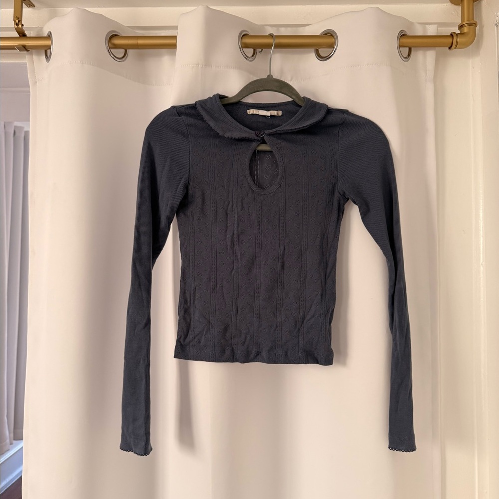 Dainty Kimchi Blue/UO Heart Eyelet Long Sleeve with Peter Pan Collar